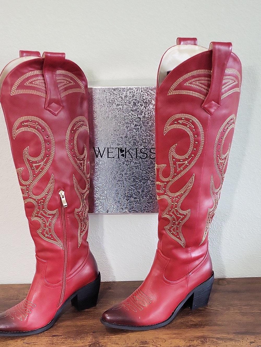 Kiss Red Over the Knee Western Cowboy Boots Gold Embroidery w/ Box Size 8.5